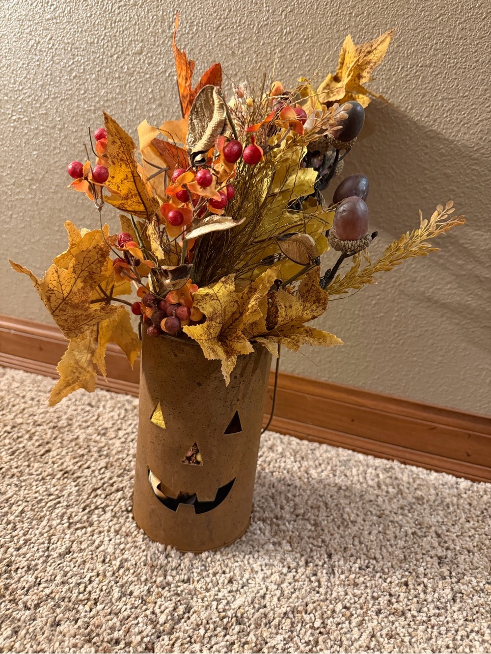 Rustic Pumpkin Face Vase with Autumn Floral Arrangement - Brown/Yellow